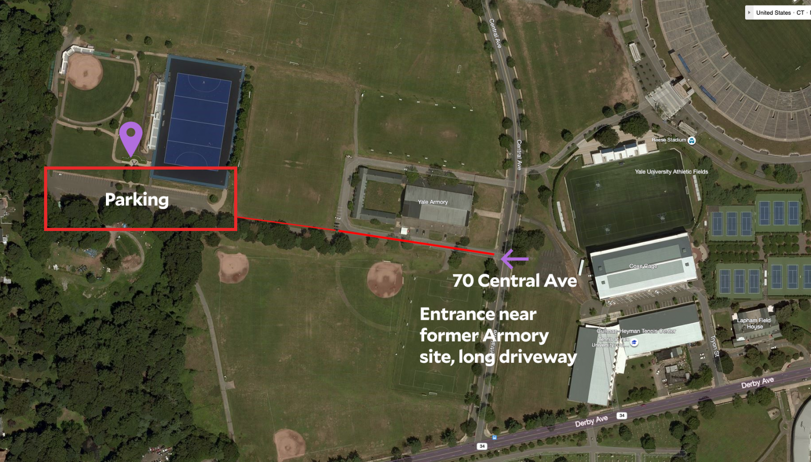 Map of Field House Location with an arrow to the driveway entrance