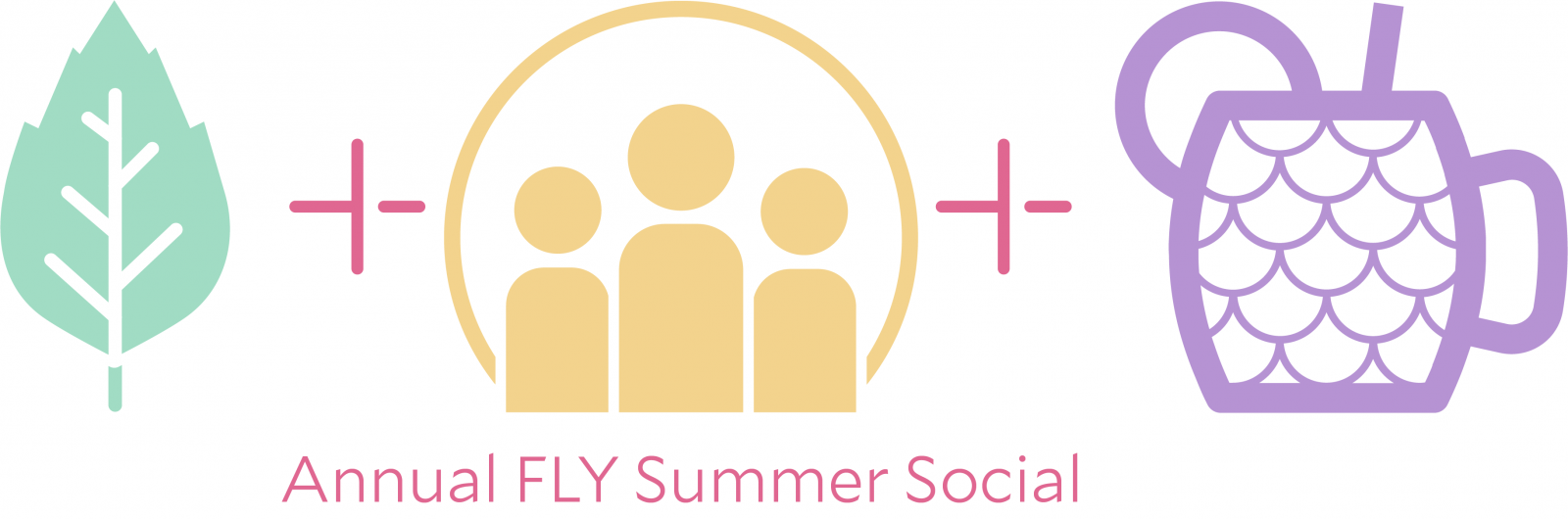 "Annual FLY Summer Social" logo with three icons: 1) Elm Leaf, 2) A group of three people, 3) a Drink with a straw